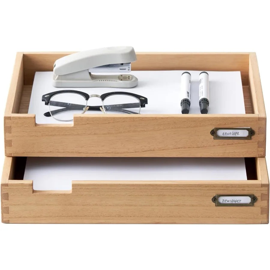 Wood desk organizer set of 2 stackable paper tray desktop document storage wooden letter trays for home office