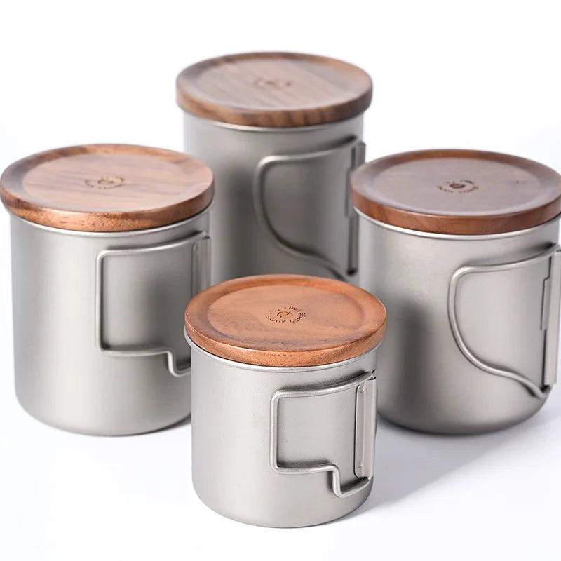 Titanium mug with walnut wood lid outdoor coffee tea milk beer cola cup portable folding handle camping travel mugs