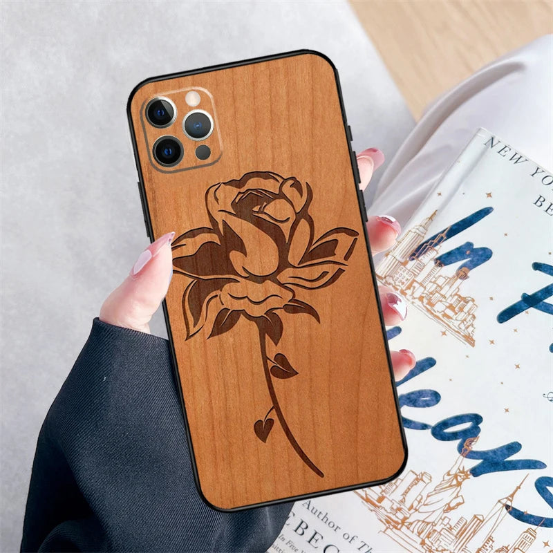 Tree rose skull cactus wood phone case for iphone 15 16 pro max 11 12 13 mini 14 xr plus 16e cover coque - 88587
