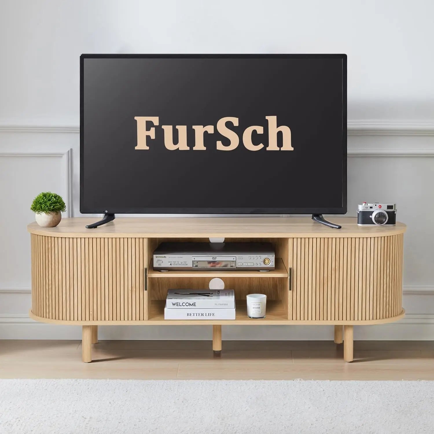 62’’ tambour door tv stand,wood mid century modern cabinet for up to 70“ tv,curved edge long stand with storage