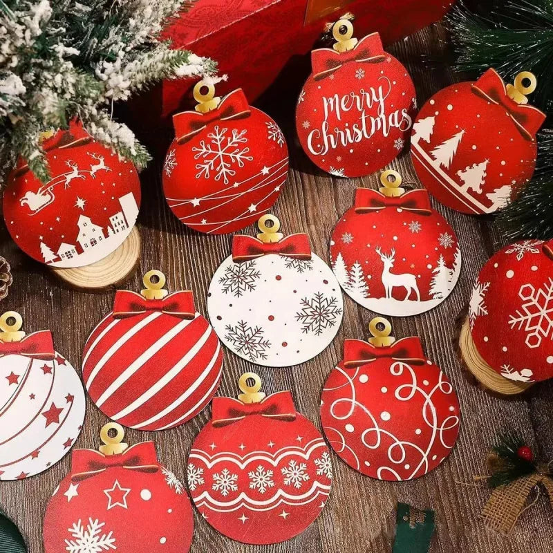 12pcs/setred and white wooden christmas ball ornament，elk snowflake pattern party hanging decoration supplies winter f