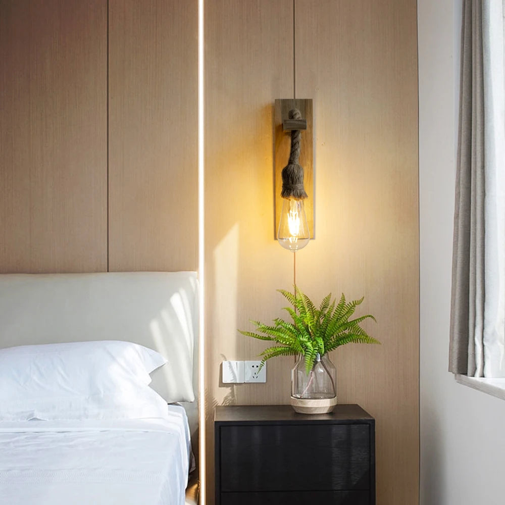 Hemp rope wall lamps 85v-265v garden light retro wooden kinkiety na sciane home decor sconse for living room