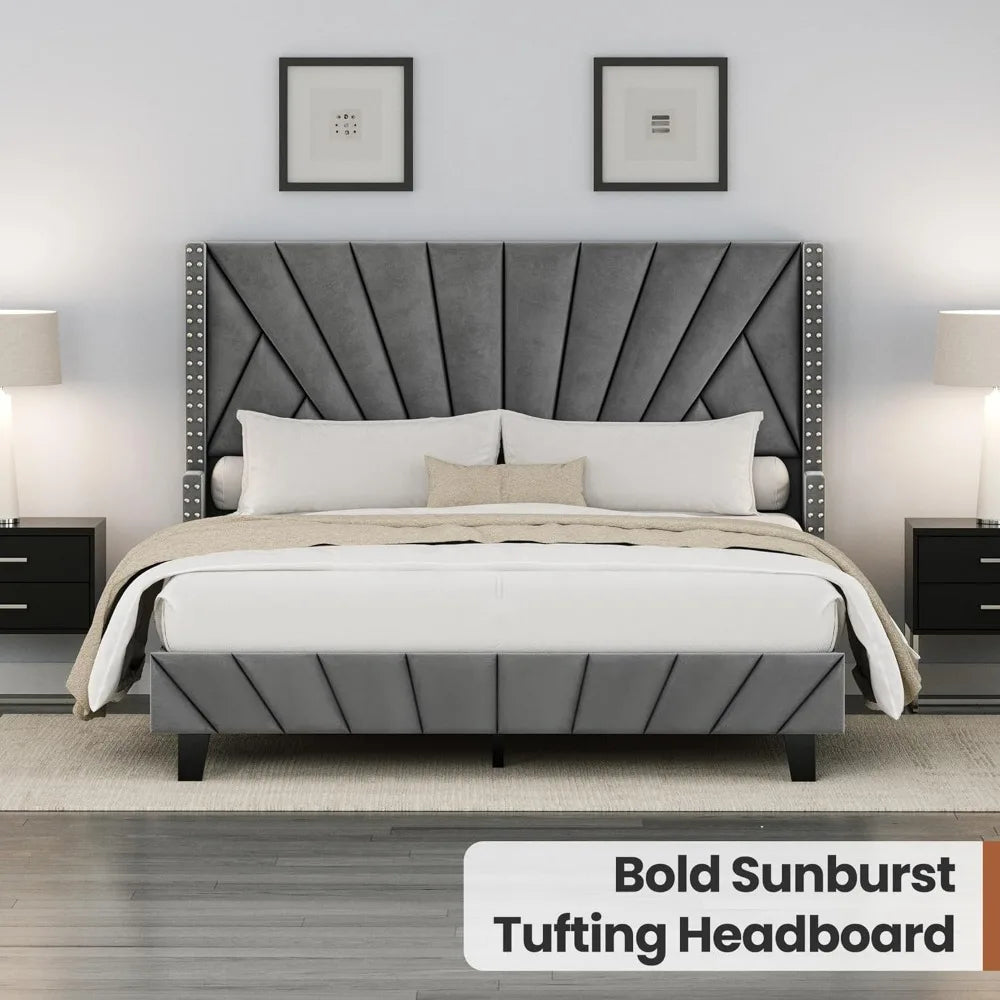 Grey queen size upholstered platform bed frame with 47.8’’ tall velvet geometric tufted wingback headboard wooden slats