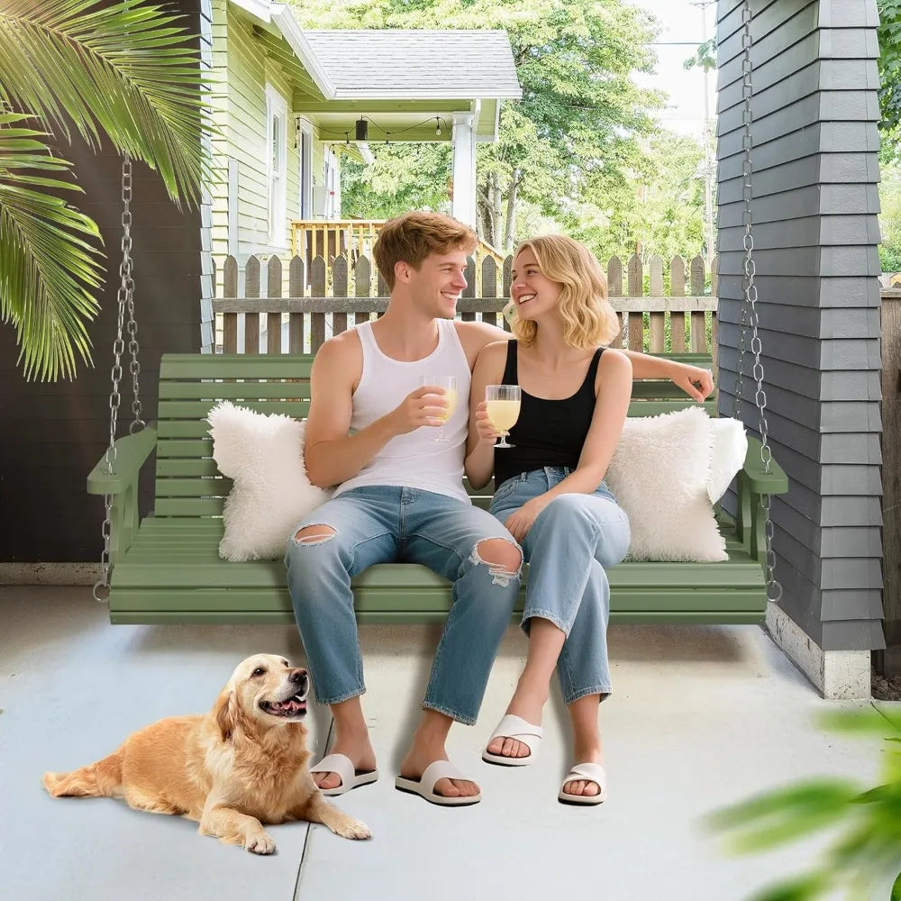 Heavy-duty wooden porch swing bench for outdoor courtyard and garden 880lbs capacity with hanging chains - united