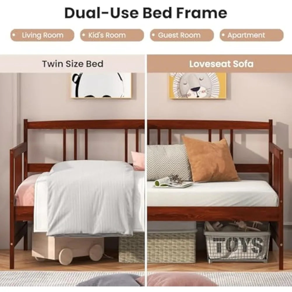 Homgx twin wooden daybed frame sofa bed w/solid wood slats support & rails dual-use heavy duty modern platform for l