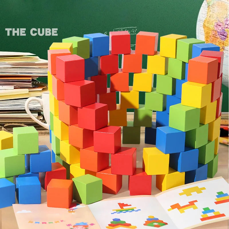 50/100pcs colorful cubes wooden building blocks stacking up square wood toy baby shape color learning toys for children