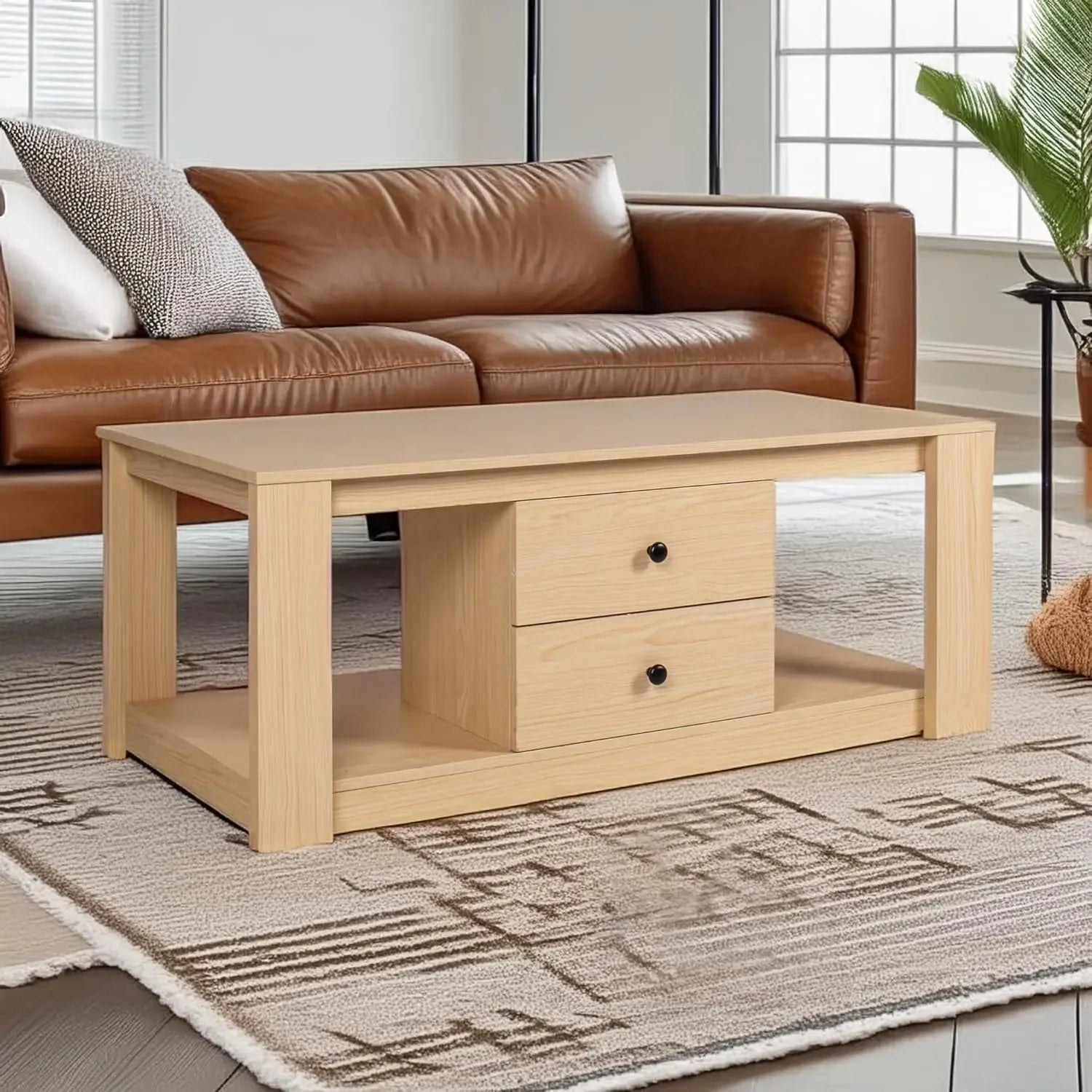 Coffee table,modern wooden rectangle tables with storage,2 drawer center table for living room - natural oak / united