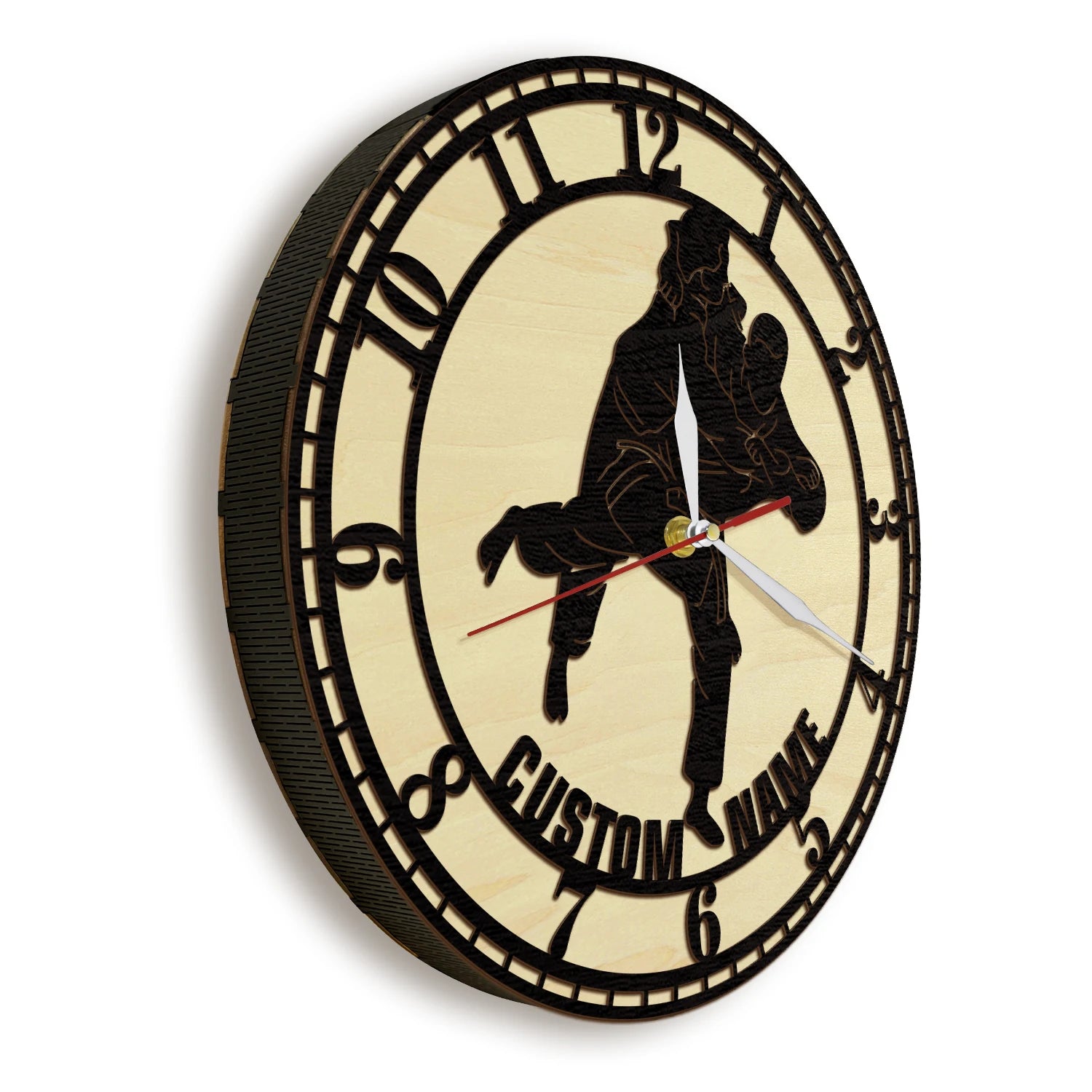 Personalized judo wooden frame wall clock martial arts fighting club decor custom jiu-jitsu natural wood lover gift