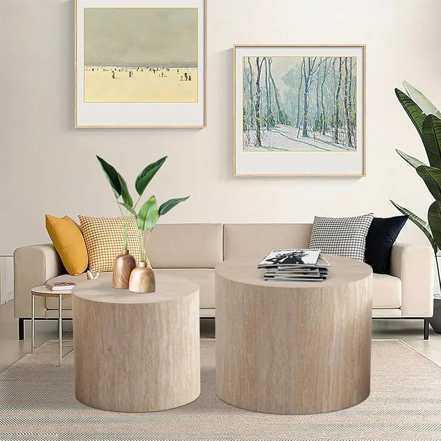 Handcraft round nesting coffee table - chic wave stripe edge modern stylish walnut wooden circle fluted center