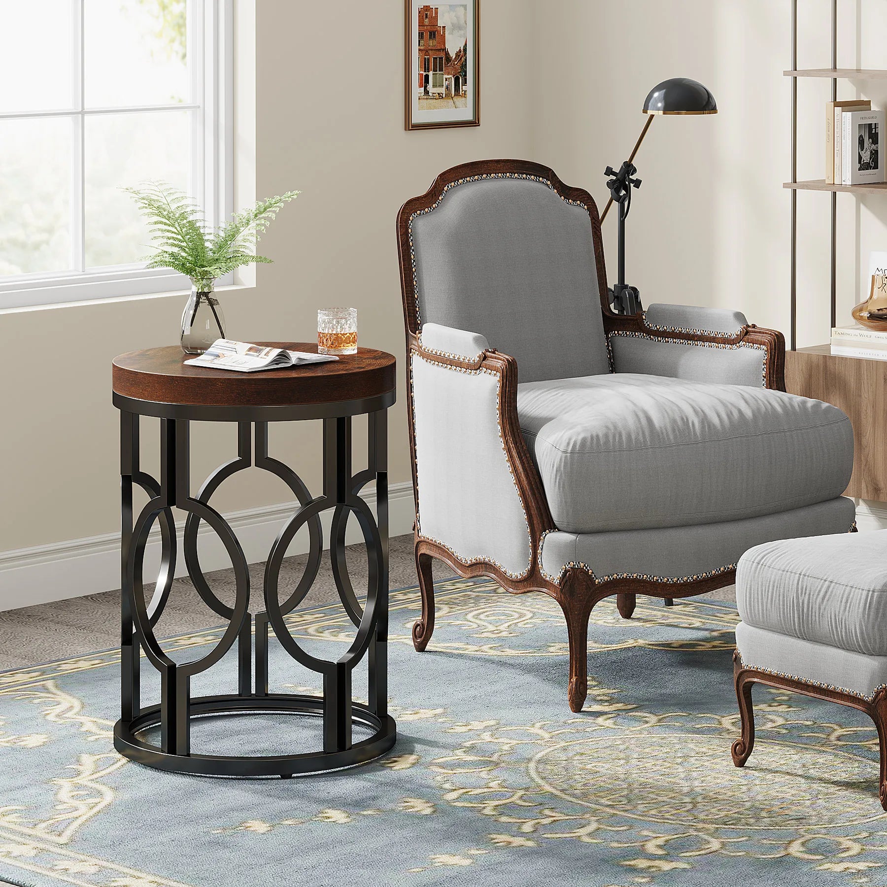 Tribesigns round end table industrial sidetable with metal hollow frame small bedside nightstand for living room