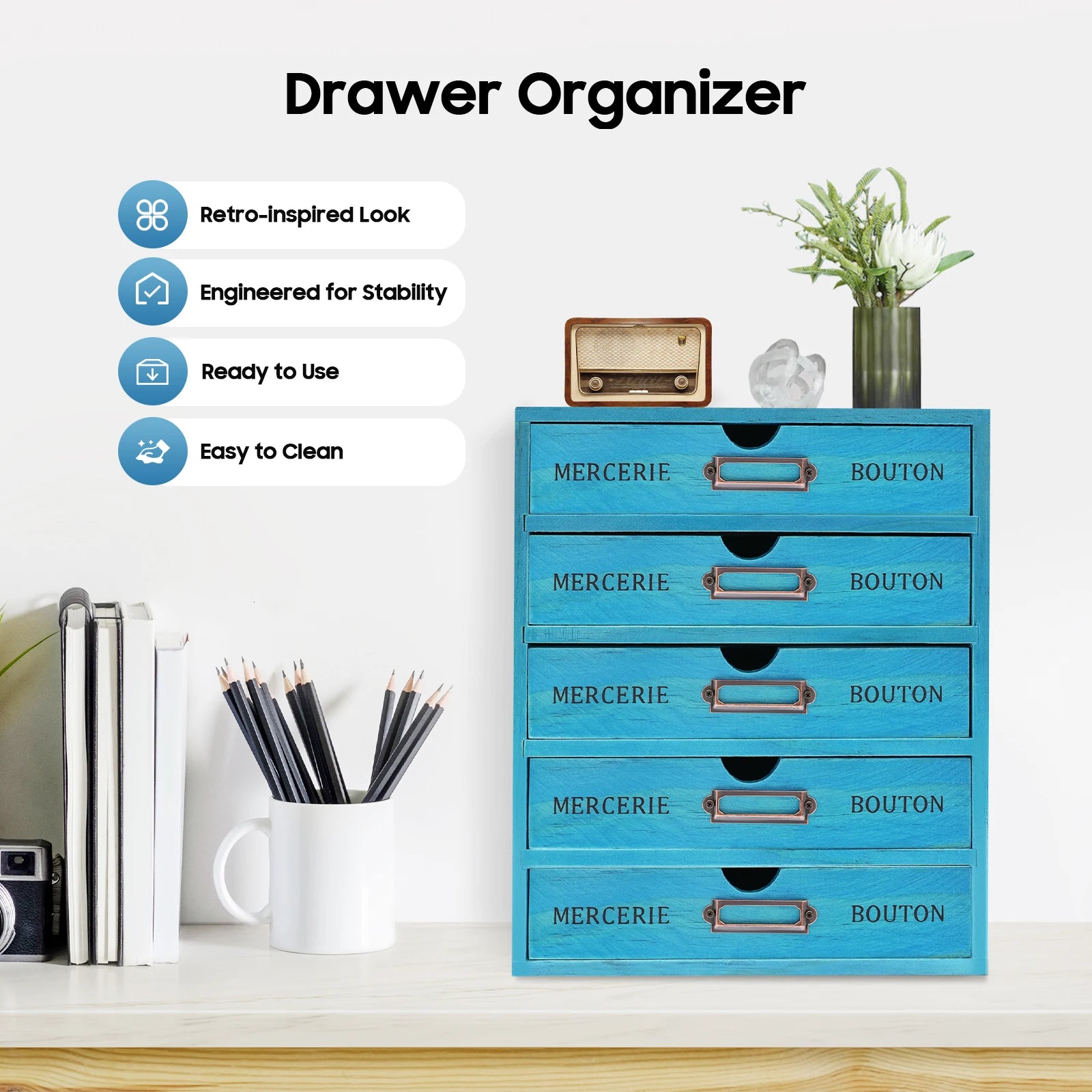 5-tier drawer organizer pine wood vintage blue spacious storage desk file with label holders - united states