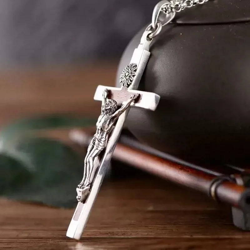 Bocai 100% s925 silver jewelry accessories retro sandalwood cross jesus pendant for men personalized and trendy