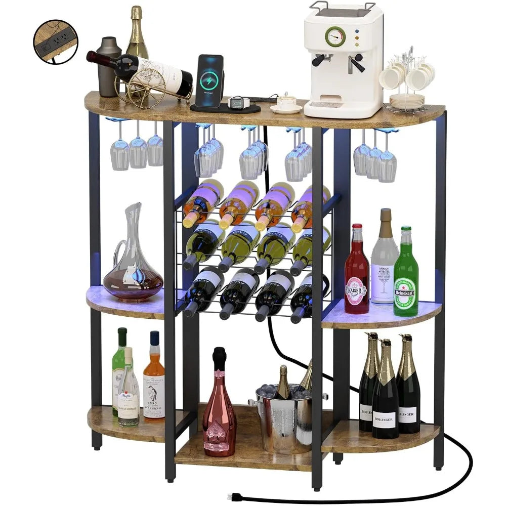 Cabinet with led lights & power outlets mini bar for liquor and coffee wine rack glass holder kitchen - united states