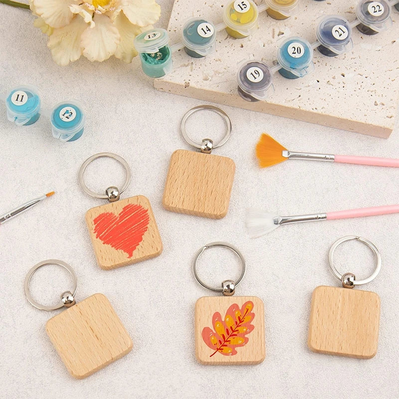 50pcs diy blank wooden keychain square key ring - chain