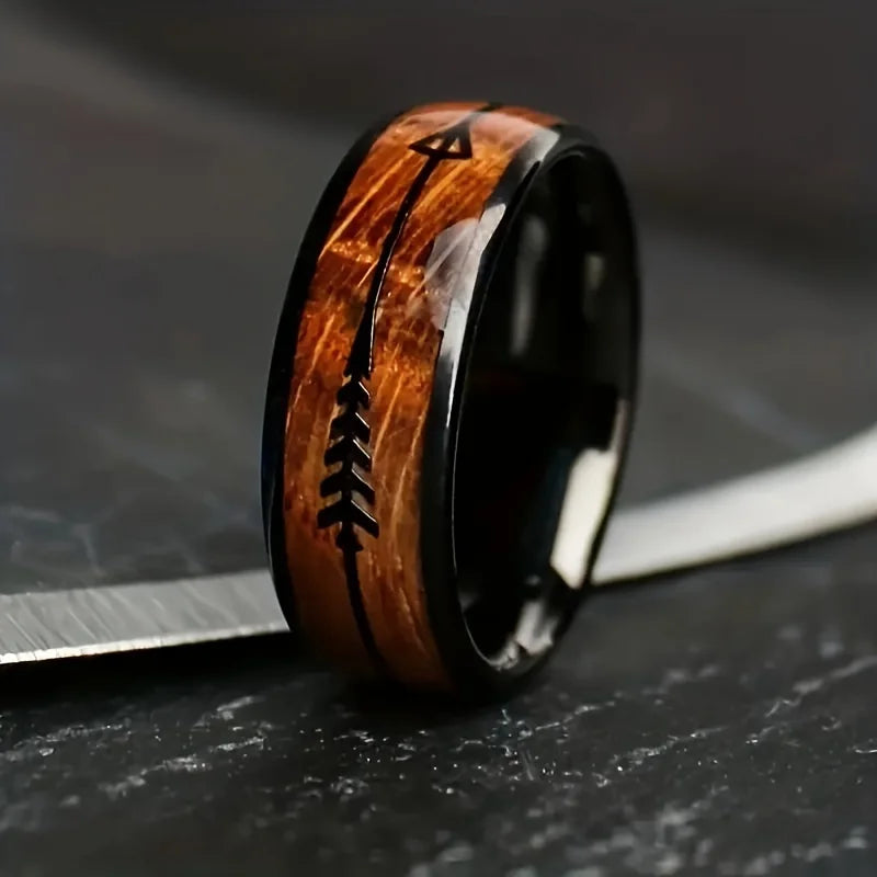 fashion-8mm-black-stainless-steel-arrow-rings-for-men-hawaiian-koa-wood-inlay-rings-men-wedding-band-jewelry-wholesale