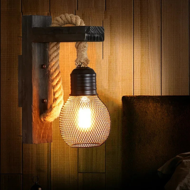 Retro personality wall lamp decoration antique wood art bed home garden restaurant twine