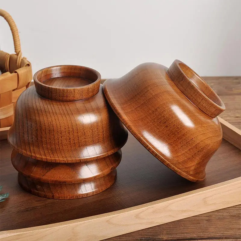 Natural wood bowl set wooden salad ramen bowl,anti edge high foot milk tea restaurant creative anti scald 15cm