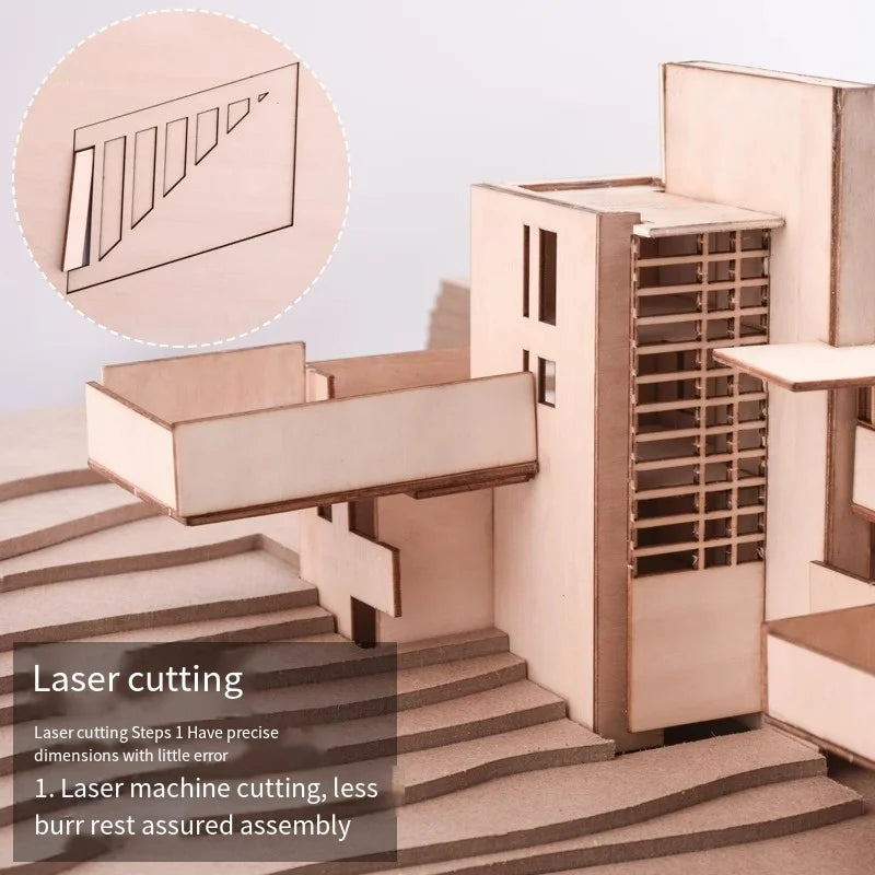 Exquisite miniature 1:200 fallingwater villa architectural wooden block diy scene building 3d wood puzzle model