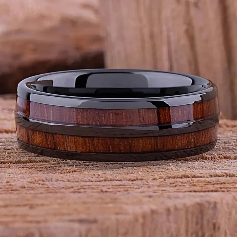Fashion 8mm men titanium steel koa wood rings for women dome polished stainless wedding band jewelry gifts - ring