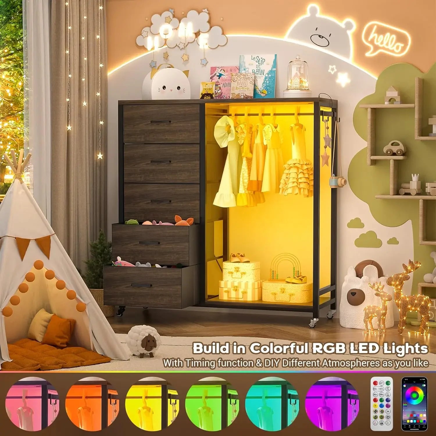 Dresser for bedroom with clothes rack 5 drawers charging station & led lights storage chest of red oak - united states