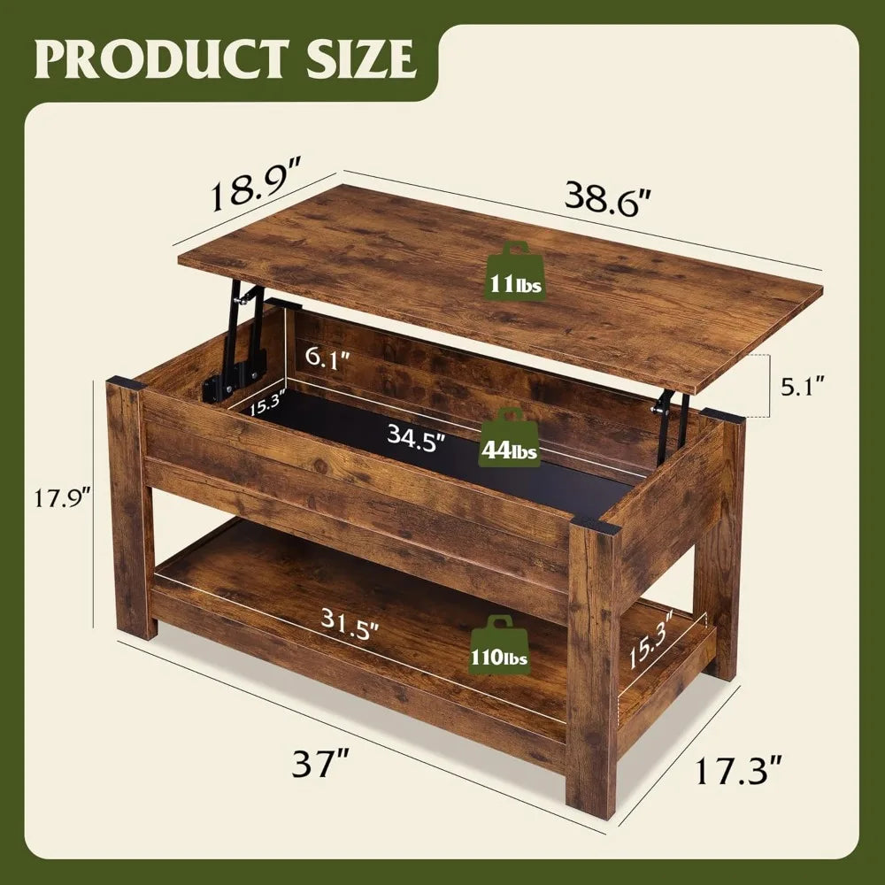 Rustic brown 39 lift-top coffee table with secret compartment and storage shelf for living room - united states