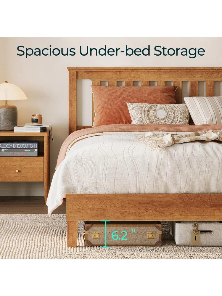 Wood full size bed frame solid platform with headboard wooden slat support no box spr - united states / rustic pine