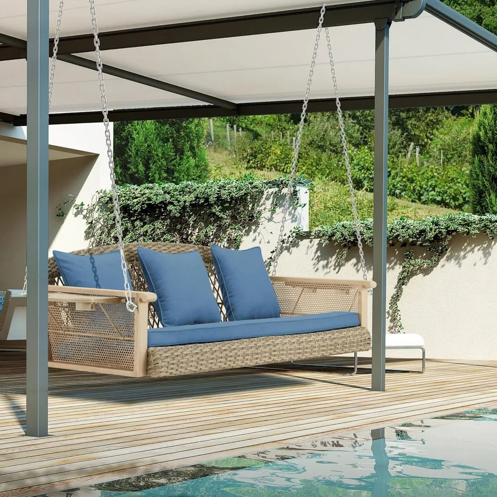 Homrest 3-person wicker porch swing with upgraded cup holder 55 inch patio hanging bench chair cushions 900lbs capac