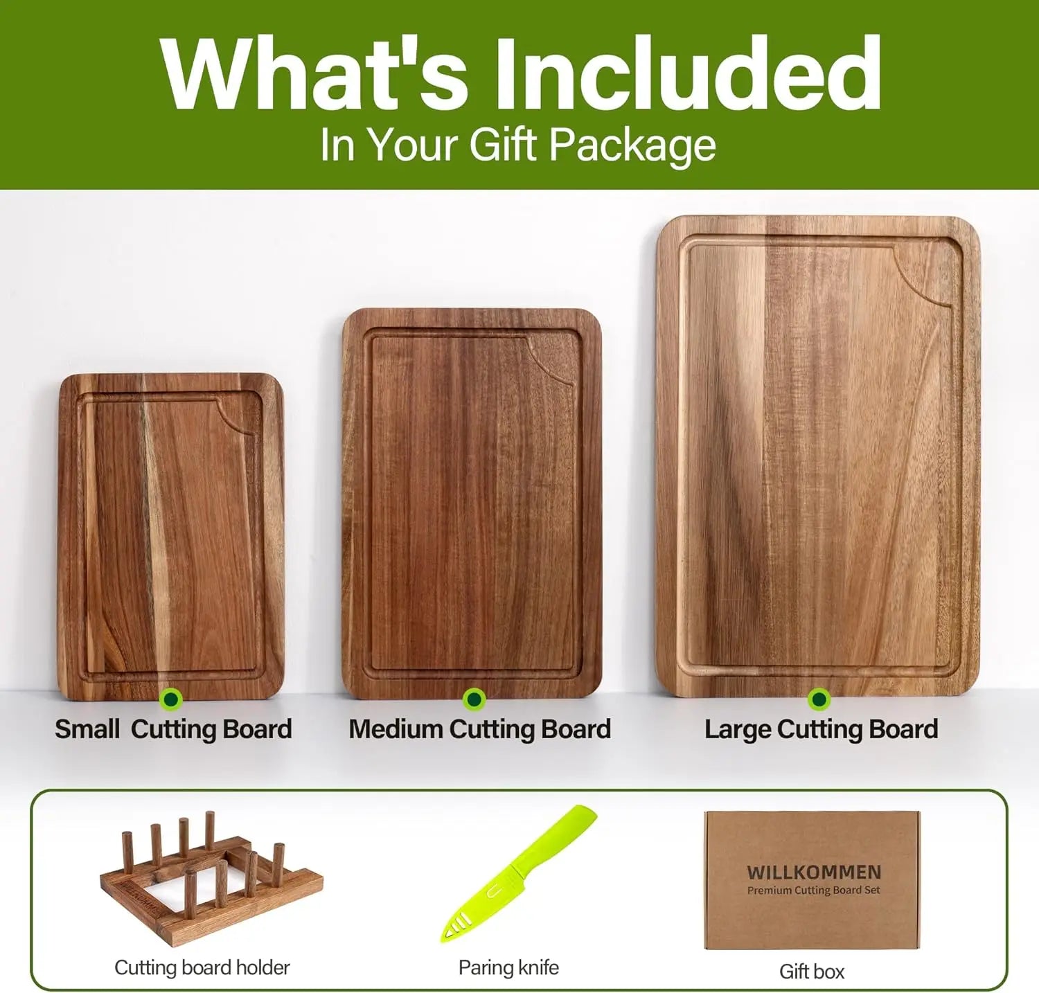 Acacia wood cutting boards for kitchen wooden chopping board set with juice groove of 3 (small meduim & lar - bamboo