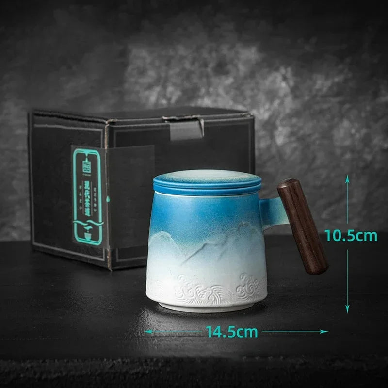 Beautiful tea mugs ceramic vintage coffee cup beer large mug with infuser lid wooden handle tableware personalized