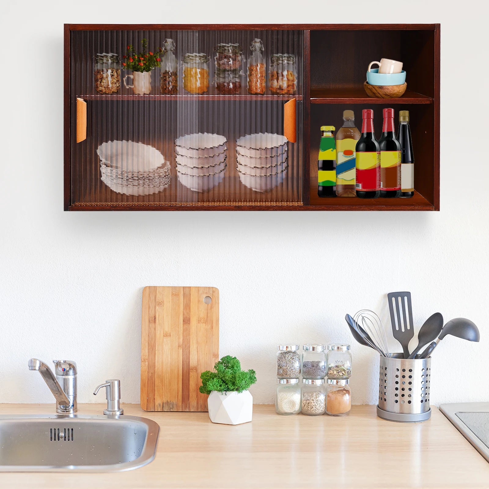 Wall mount bamboo wood pantry cabinet,77/80cm 2 tiers log color/walnut rectangular sideboard with glass doors