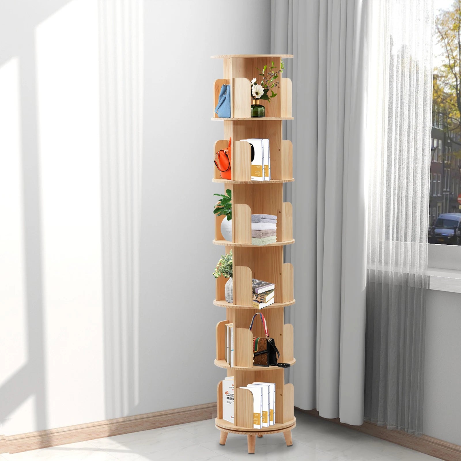 Rotating bookshelf 6 tiers pine wood 110lbs load per layer 0.47in thick panels curved baffle reinforced chassis