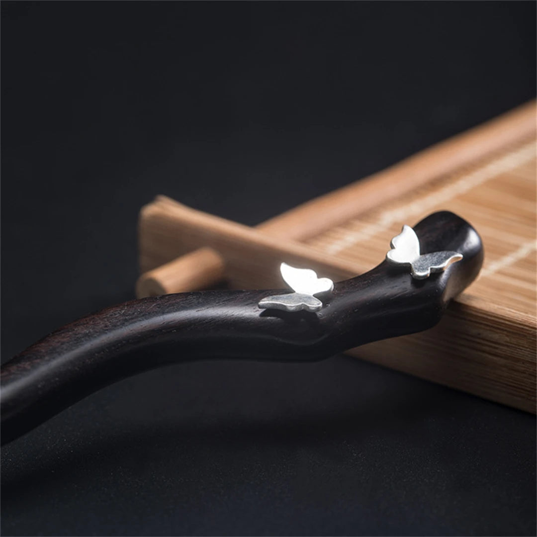 New 100% s925 pure silver women’s men retro hairpin ebony wood literary butterfly chinese style hanfu hair accessories