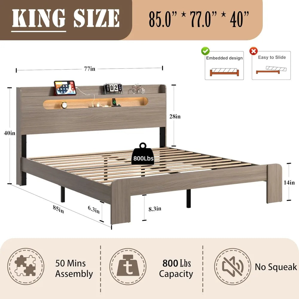 Wooden bed frame king size with headboard rustic framhouse platform bedframe wood slat support sturdy and no noise