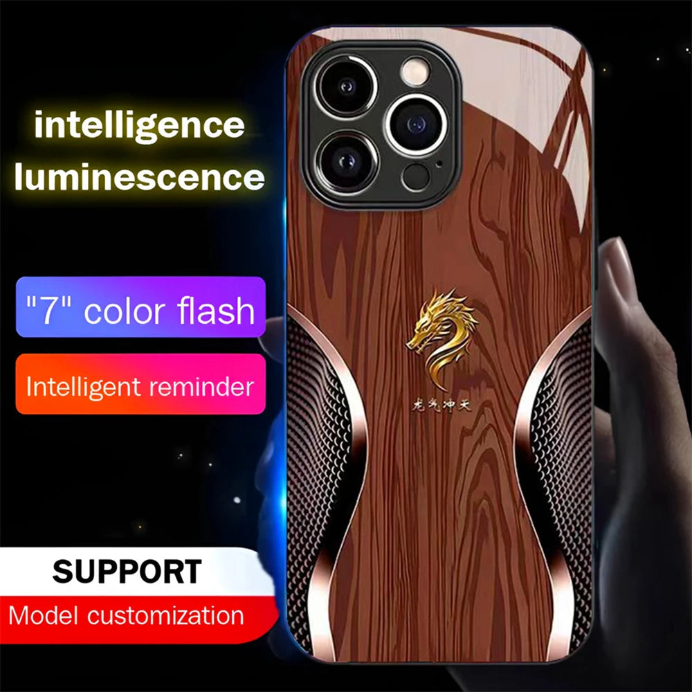 Luxury wood grain dragon luminous glass led call light up flash phone case for iphone air 17 16 e 15 14 13 12 11 pro