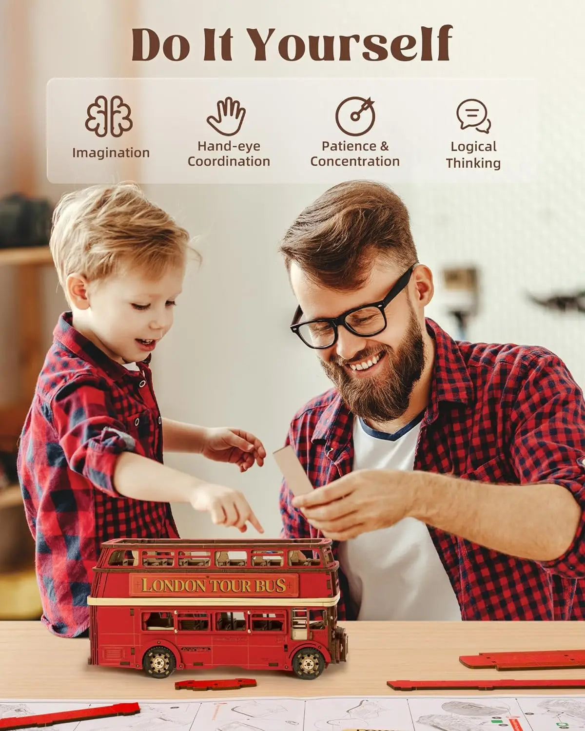 Robotime rolife london tour bus 3d wooden puzzles wood model toy car to build crafts collectibles gifts for boys girls