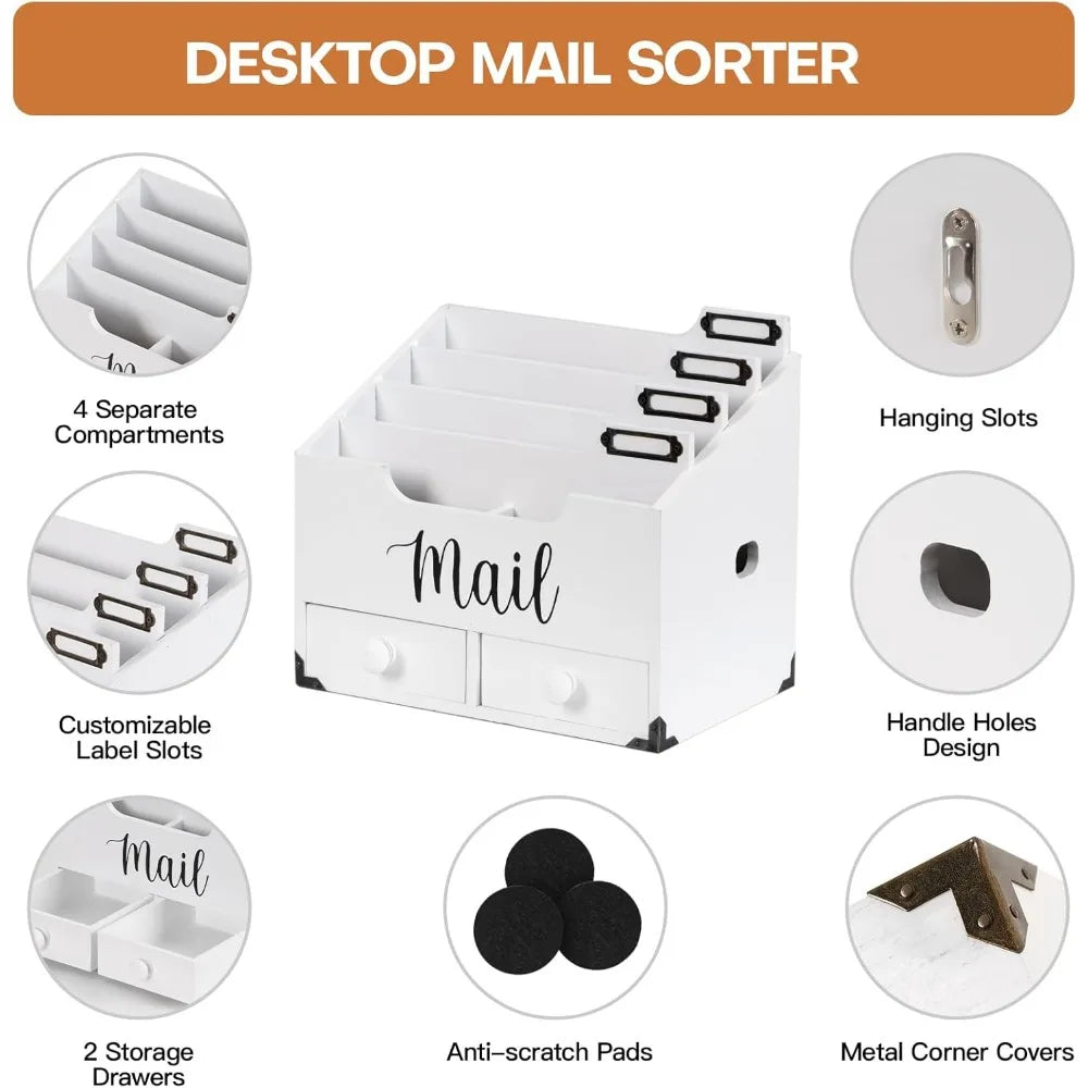 Mail organizer desktop wood desk with 2 drawers 4 compartments for home office accessories white - united states