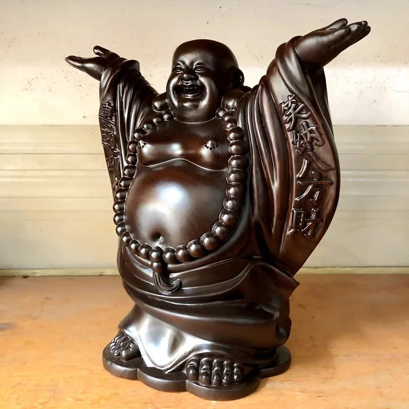 Hand carved ebony wood happy buddha statue figurine - laughing maitreya big belly ornament prosperity fortune home