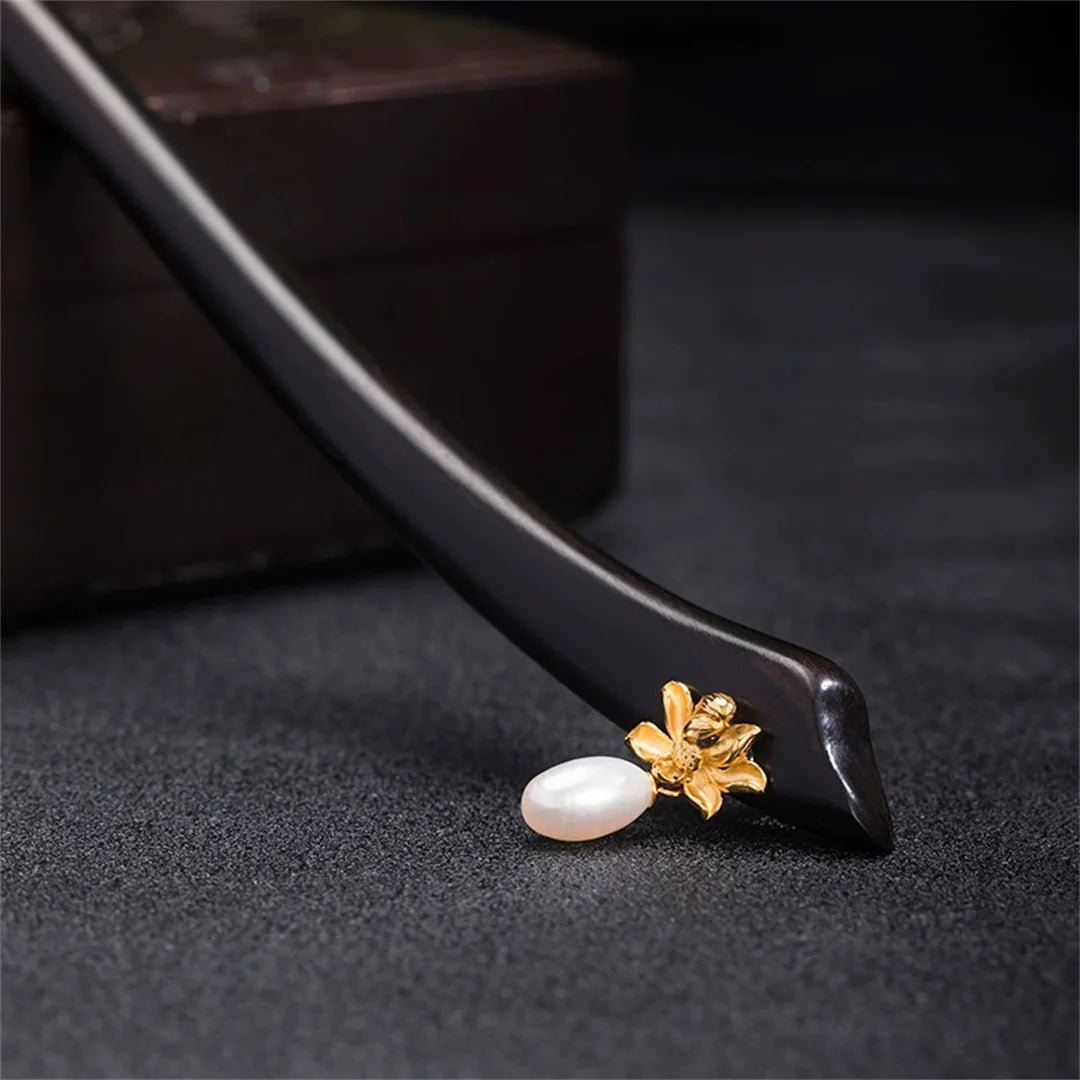New100% s925 pure silver women’s elegant hairpin retro ebony wood lotus pearl blossom chinese style hanfu hair jewelry