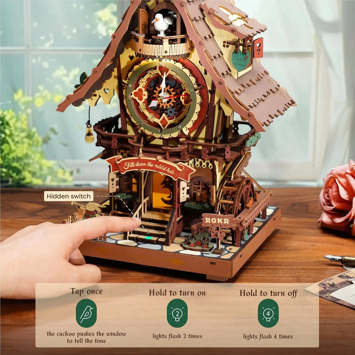Robotime rokr 3d wooden puzzle cuckoo clock kit black forest style with working bird diy model for kids adults