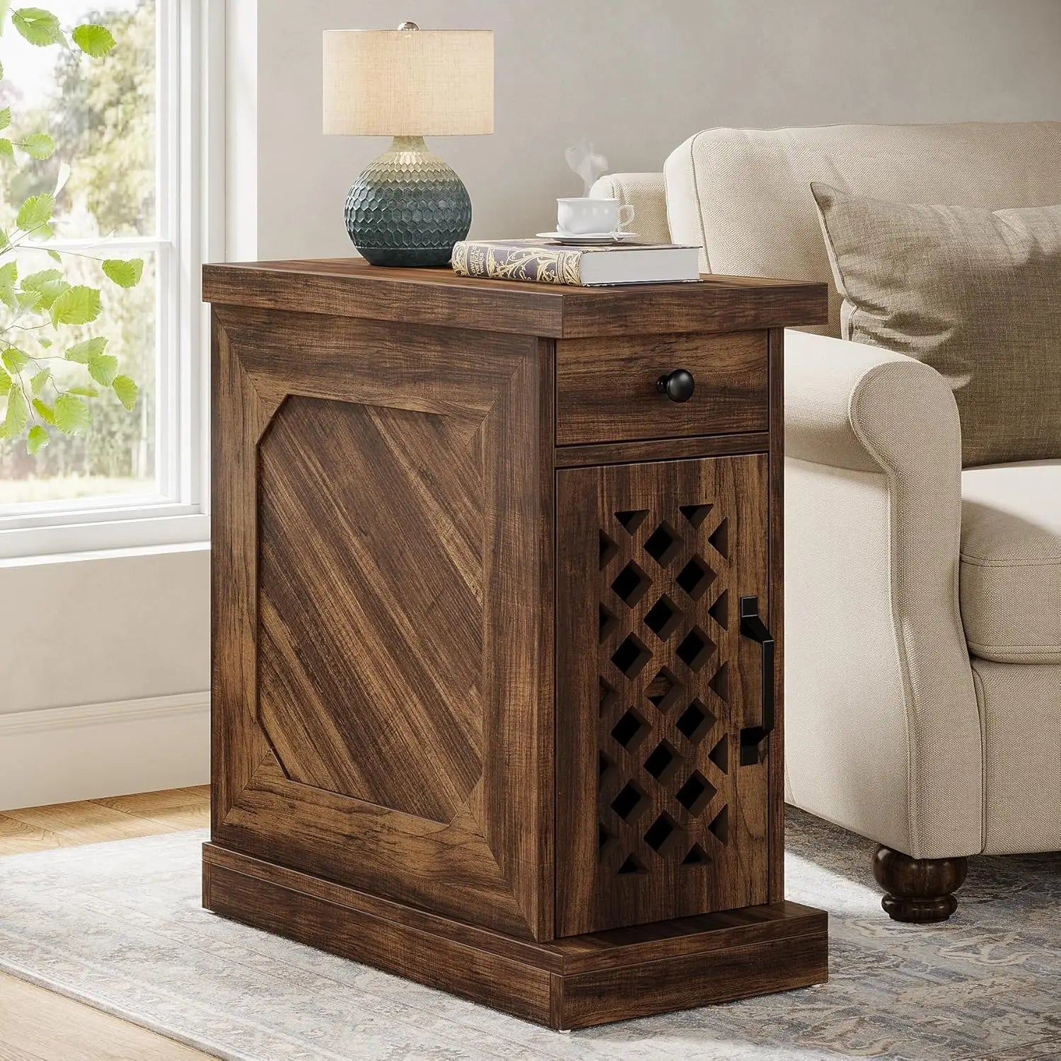 End table narrow side with drawer and cabinet farmhouse nightstand for small space living room bedroom - united states