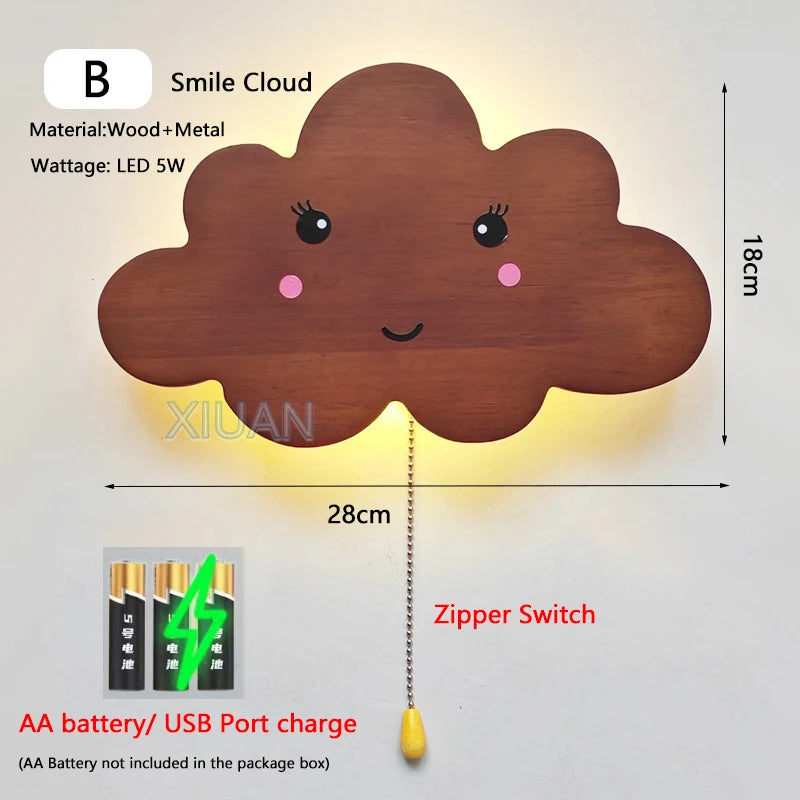 Retro butterfly wall lamps with pull cord switch cloud balloon moon wooden sconces battery charge wireless light - b