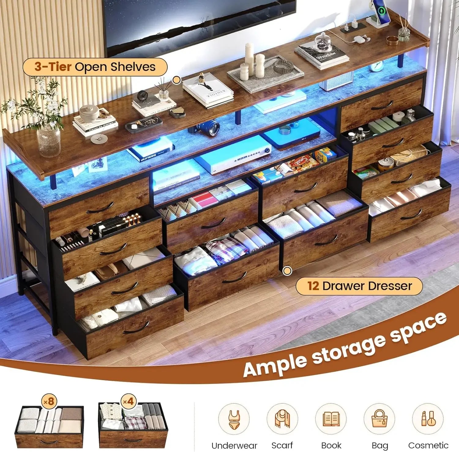 [limited time offer today only! ]12 drawers tv stand dresser for 65/70 inch entertainment center with led lights &