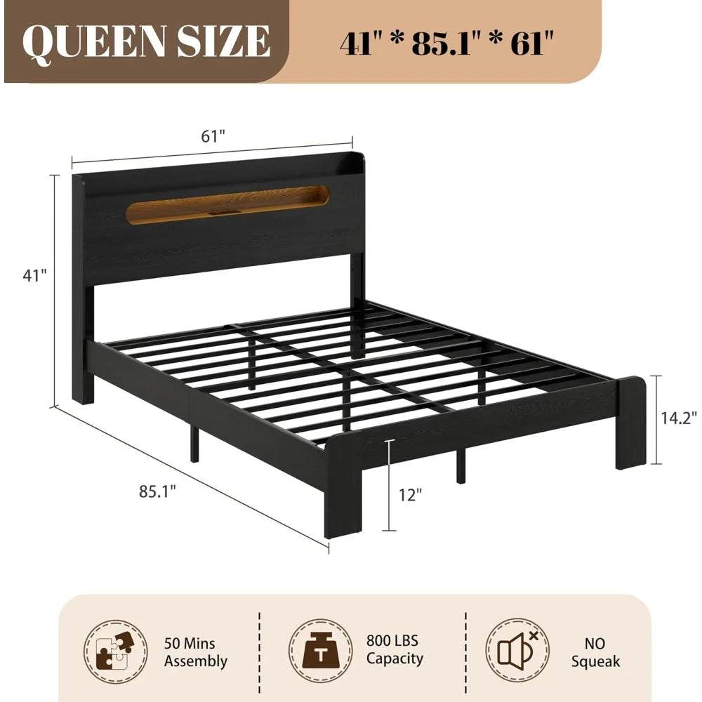 Wooden queen size bed frame with storage headboard farmhouse platform bedframe charging station & led lights