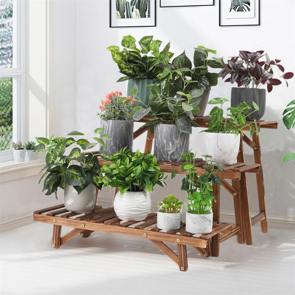 Large 3 tier step plant stand wood ladder shelf garden display for patio indoor outdoor flower pot - brown / germany