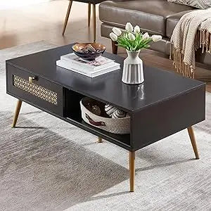 Wooden mid century modern coffee table retangle accent center with two drawers tables for living room white - black