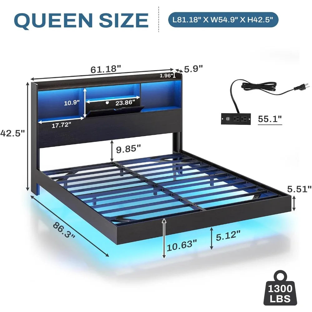 Dictac queen floating bed frame with led lights and headboard storage visual charing station size meta - united states