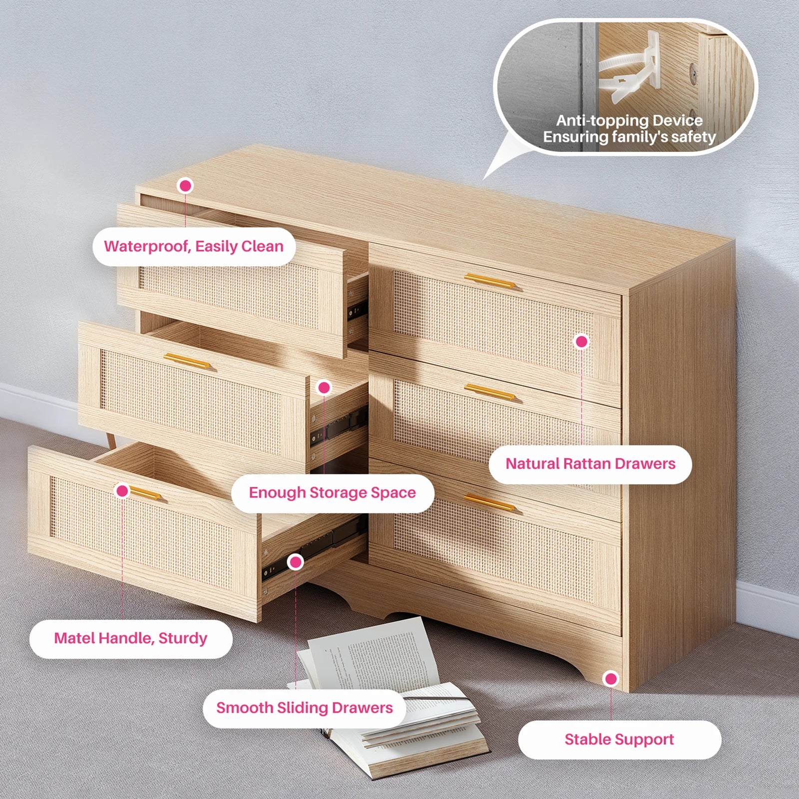 Redlife 47.24’’ rattan dresser with 6 drawers,modern chest wood storage closet w/ golden handles for bedroom living