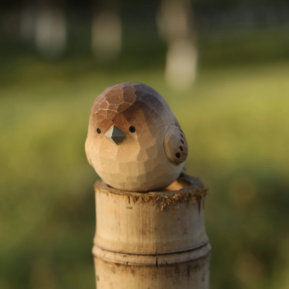 Handcrafted wood carving bird statue retro sparrow figurines small animal sculpture for living room bedroom christmas