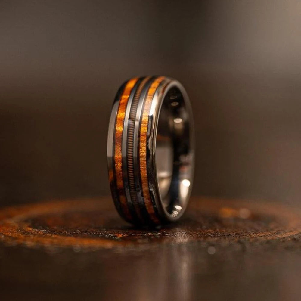Fashion 8mm silver color stainless steel guitar string rings for men whiskey barrel wood inlay guitarist ring wedding