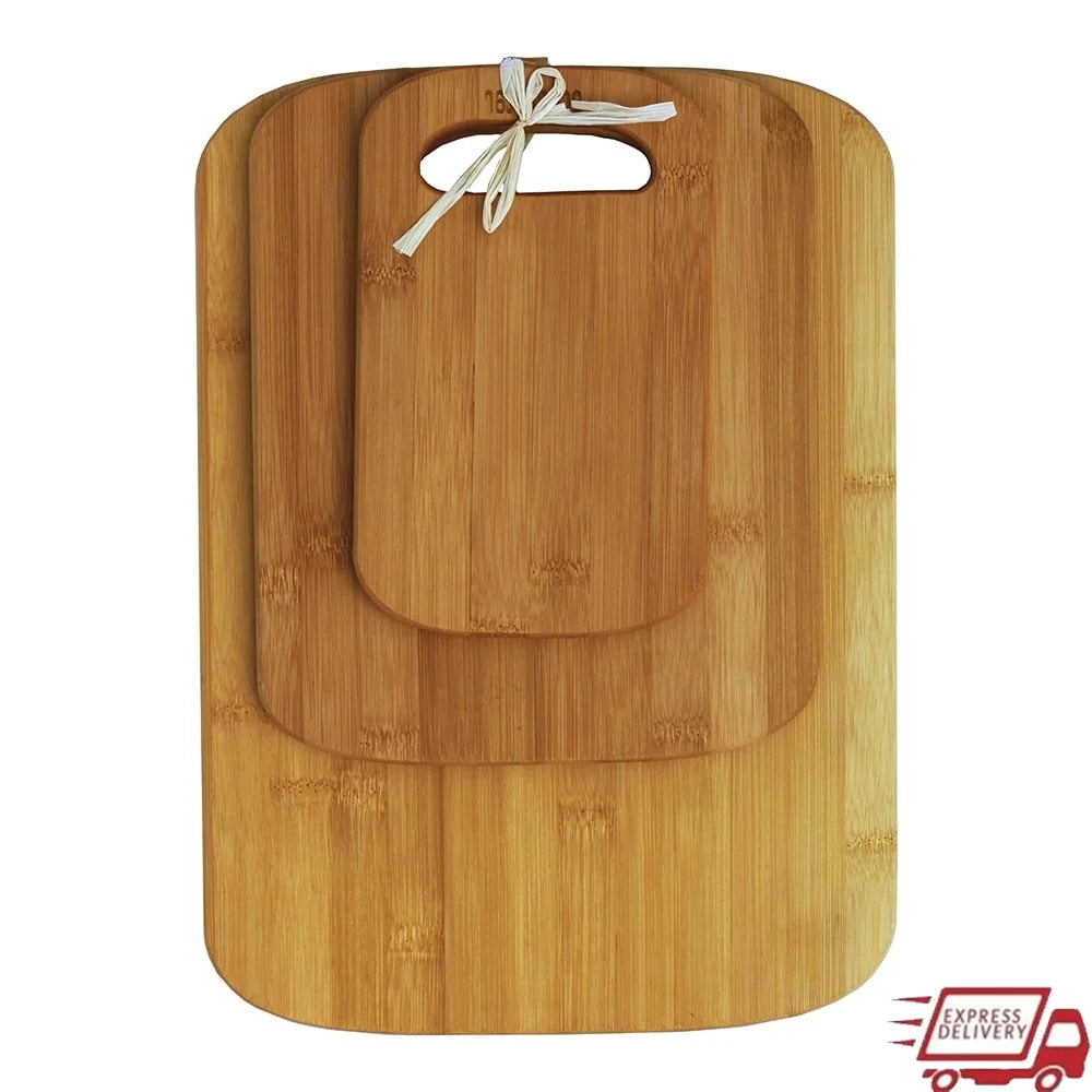 3 piece bamboo cutting board set eco friendly versatile sizes lightweight kitchen food prep hand grips easy clean wood